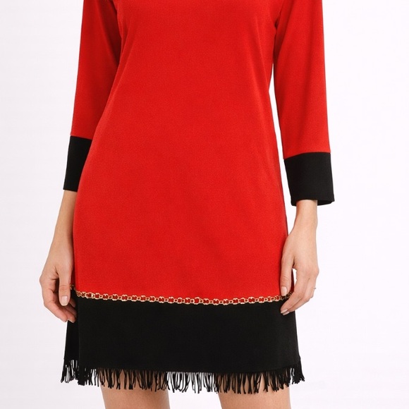 SIGNATURE CAMRYN Fringed Hem Red & Black ColorBlock Dress L NWOT - Picture 2 of 11